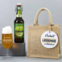 Leikeim Geschenkset zum Ruhestand mit Bier, Bierglas und Jutetüte