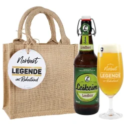 Leikeim Geschenkset zum Ruhestand mit Bier, Bierglas und Jutetüte