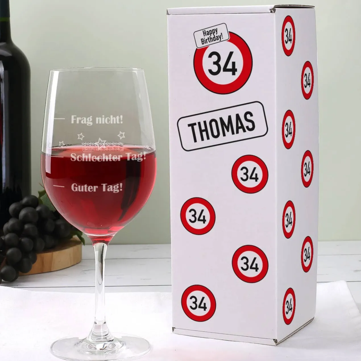 Leonardo Stimmungsglas und Geburtstagsverpackung mit Name und Alter