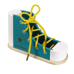 Lernschuh zum Schleife binden aus Holz mit Namensgravur | Blau mit gelbem Schnürband