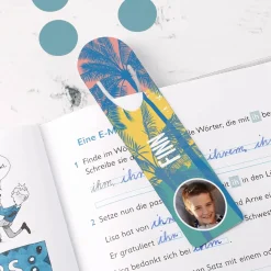 Lesezeichen mit Foto, Name und Palmenmotiv