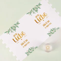 Lichthülle - Auf die Liebe - Tischdeko zur Hochzeit mit Name und Datum bedruckt