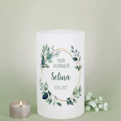 Lichthülle für Kerzen | Tischdeko zur Jugendweihe | 2 Größen | Personalisiert im Eukalyptus-Design