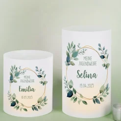 Lichthülle für Kerzen | Tischdeko zur Jugendweihe | 2 Größen | Personalisiert im Eukalyptus-Design