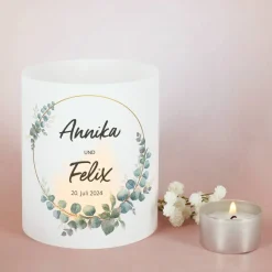 Lichthüllen zur Hochzeit mit Eukalyptus-Motiv, Namen und Datum, 2 Größen