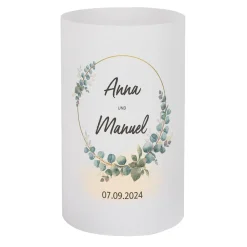 Lichthüllen zur Hochzeit mit Eukalyptus-Motiv, Namen und Datum, 2 Größen