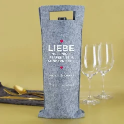 Liebe muss echt sein - Flaschenbeutel aus Filz mit Wunschtexten bedruckt