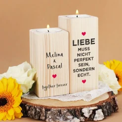 Liebe muss echt sein - Teelichthalter aus Holz mit Namen und Datum bedruckt