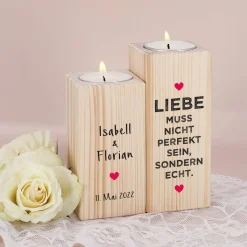 Liebe muss echt sein - Teelichthalter aus Holz mit Namen und Datum bedruckt