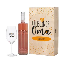Lieblingsoma - Weingeschenk mit bedrucktem Glas in edler Holzverpackung