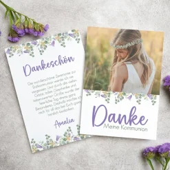 Lila Dankeskarte mit Blumenmotiv und Foto zur Taufe, Kommunion oder Konfirmation
