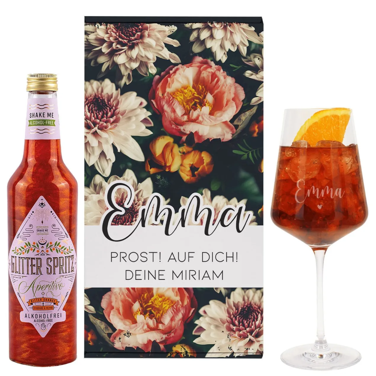 Lillet Geschenkset mit graviertem Weinglas und eleganten Vintage Blumenmotiv