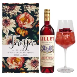 Lillet Geschenkset mit graviertem Weinglas und eleganten Vintage Blumenmotiv