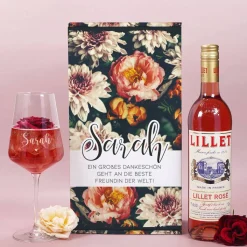 Lillet Geschenkset mit graviertem Weinglas und eleganten Vintage Blumenmotiv