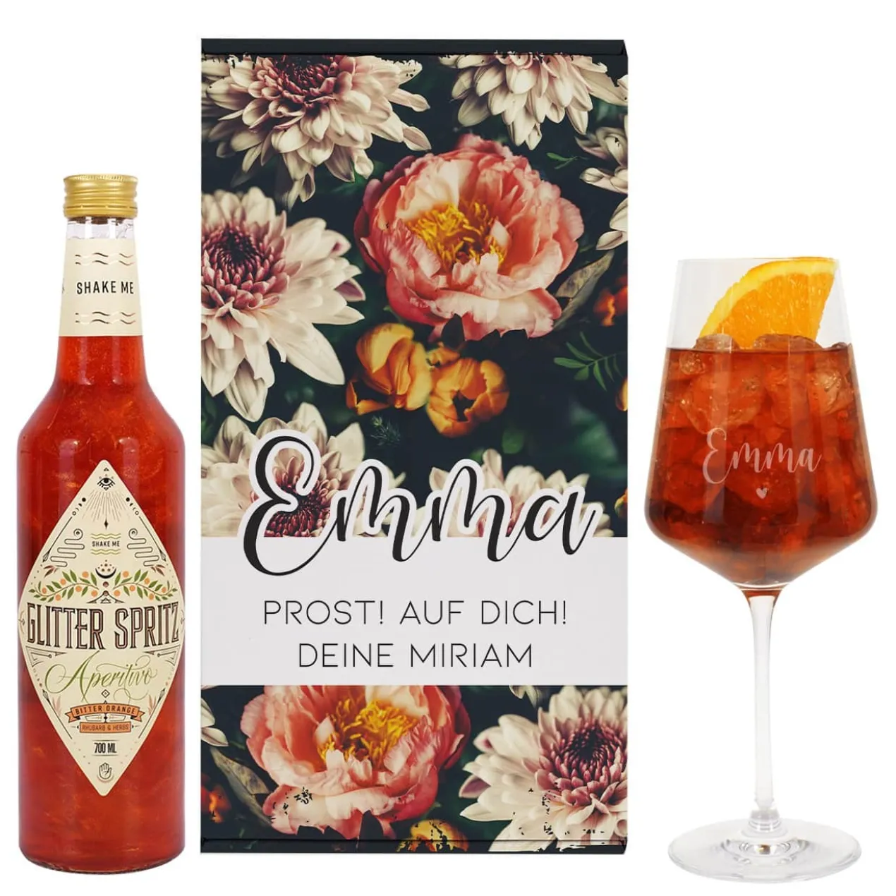 Lillet Geschenkset mit graviertem Weinglas und eleganten Vintage Blumenmotiv
