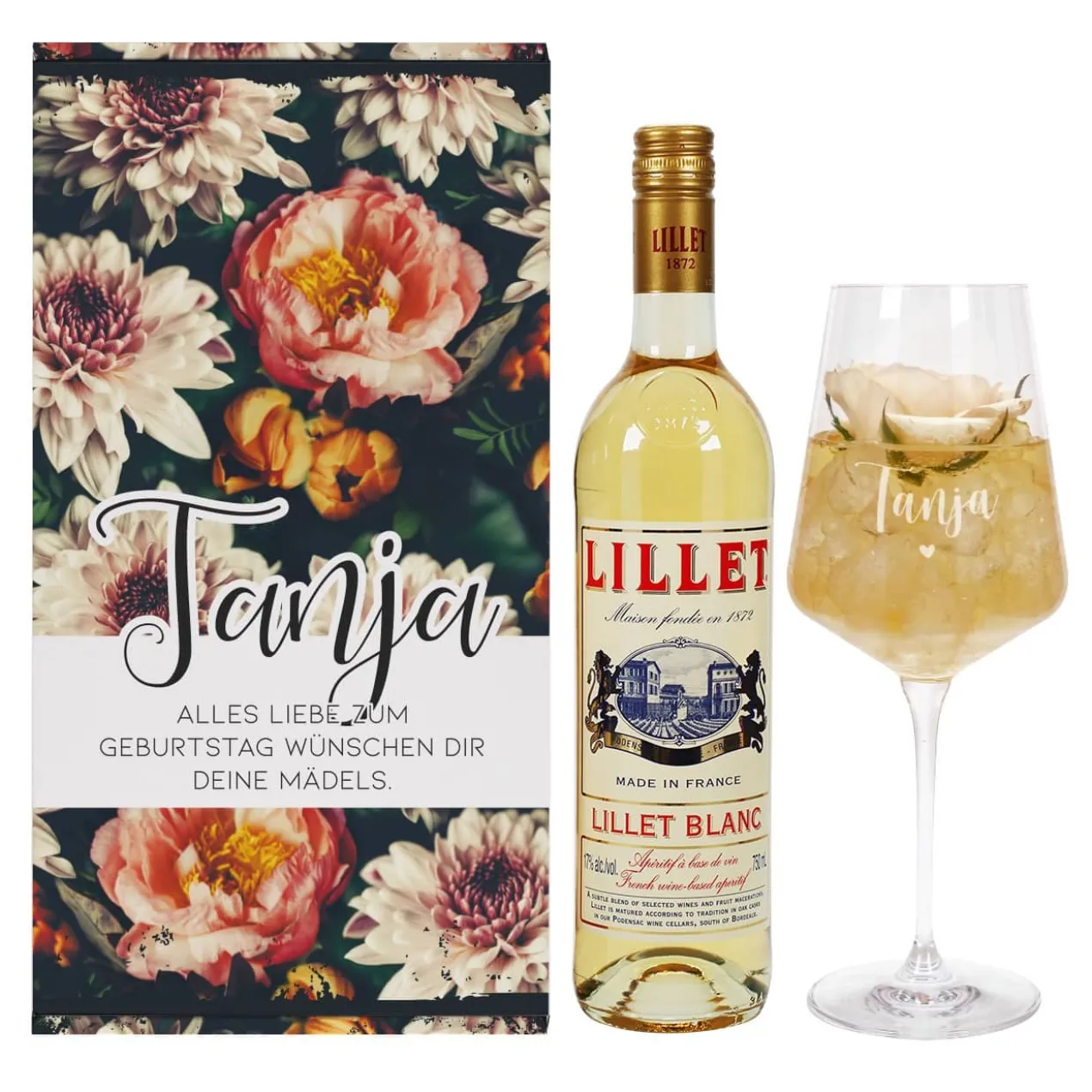 Lillet Geschenkset mit graviertem Weinglas und eleganten Vintage Blumenmotiv