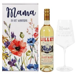 Lillet Geschenkset zum Muttertag mit bunten Frühlingsblumen und gravierten Weinglas