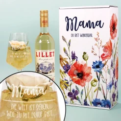 Lillet Geschenkset zum Muttertag mit bunten Frühlingsblumen und gravierten Weinglas