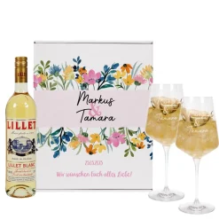 Lillet Geschenkset zur Hochzeit mit Wildblumen und Ihren Wunschangaben gestaltet