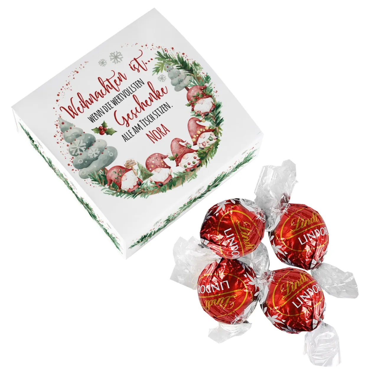 Lindorkugeln in personalisierter Geschenkbox zu Weihnachten mit Wichtelmotiv 'wertvollste Geschenke'
