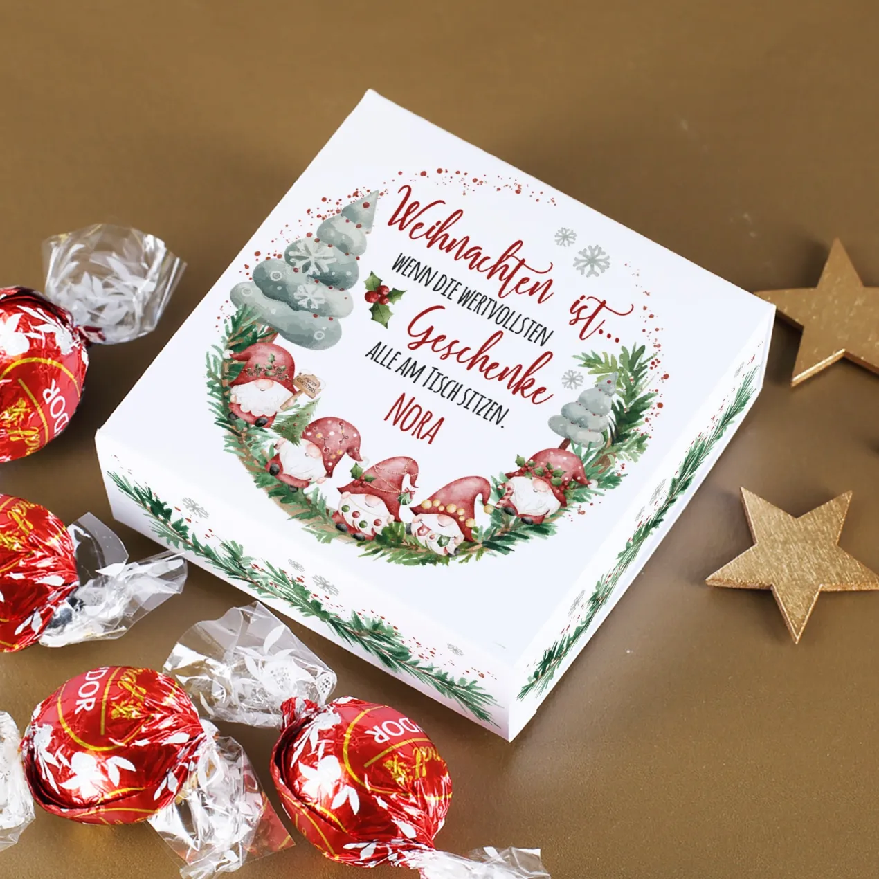 Lindorkugeln in personalisierter Geschenkbox zu Weihnachten mit Wichtelmotiv 'wertvollste Geschenke'