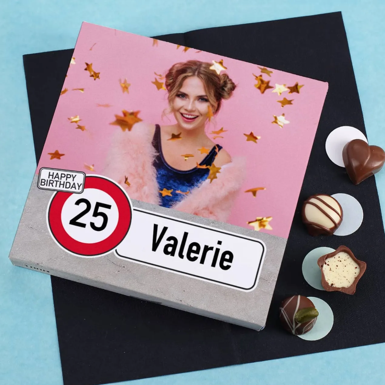 Lindt Geburtstags-Pralinen mit Verkehrszeichen, Foto, Alter & Name