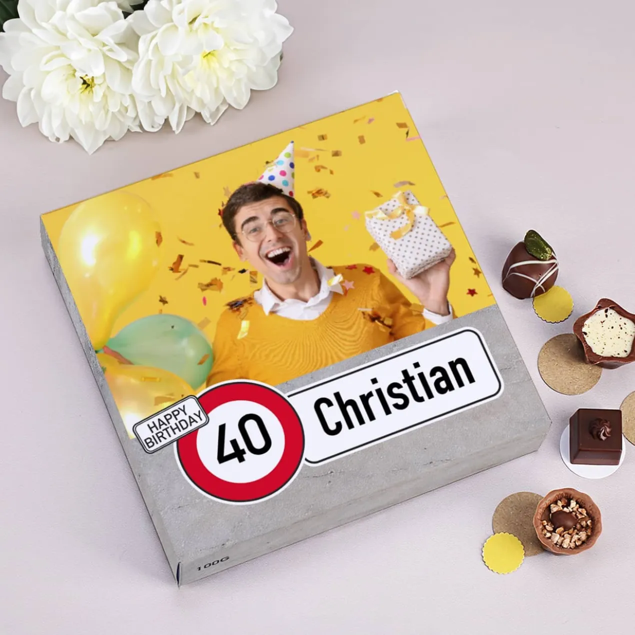 Lindt Geburtstags-Pralinen mit Verkehrszeichen, Foto, Alter & Name