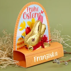 Lindt Goldhase 100 g personalisiert mit Name im Osterkörbchen 'Frohe Ostern' | Süßes Ostergeschenk