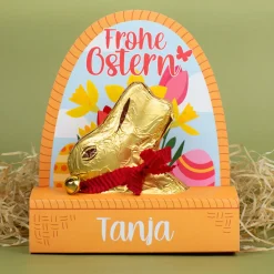 Lindt Goldhase 100 g personalisiert mit Name im Osterkörbchen 'Frohe Ostern' | Süßes Ostergeschenk