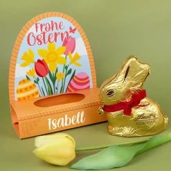 Lindt Goldhase 100 g personalisiert mit Name im Osterkörbchen 'Frohe Ostern' | Süßes Ostergeschenk