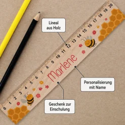 Lineal aus Holz für Mädchen personalisiert mit Name | Bienen Motiv | 20 cm