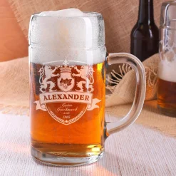 1 Liter Maßkrug aus Glas graviert mit Wappen und Namen