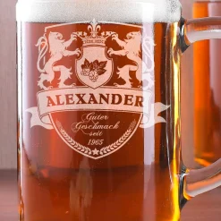 1 Liter Maßkrug aus Glas graviert mit Wappen und Namen