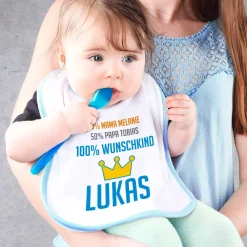 Lätzchen für Jungen - 100% Wunschkind mit Namen der Eltern und des Kindes