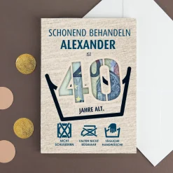 Lustige Geldgeschenk-Karte zum 40. Geburtstag als Waschanleitung personalisiert mit Name