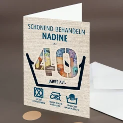 Lustige Geldgeschenk-Karte zum 40. Geburtstag als Waschanleitung personalisiert mit Name