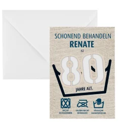 Lustige Geldgeschenk-Karte zum 80. Geburtstag als Waschanleitung personalisiert mit Name