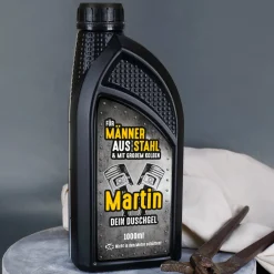 Lustiges Duschgel in Form einer 1L Motoröl Flasche | Personalisiertes Geschenk für Männer aus Stahl