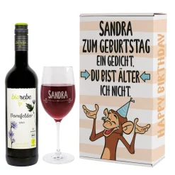 Lustiges Geschenkset zum Geburtstag mit Weinglas und Wein | Bienenfreundlicher Biorebe Genuss