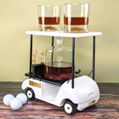 Luxus Whisky Dekantierset im Golfcart personalisiert mit Name und Wunschtext | Dekanter Set für Golfer
