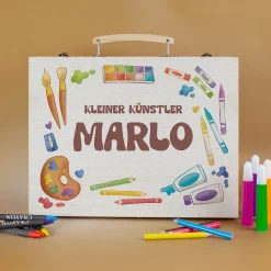 Malkoffer aus Holz mit Name und Wunschtext personalisiert zur Einschulung für Mädchen & Jungen