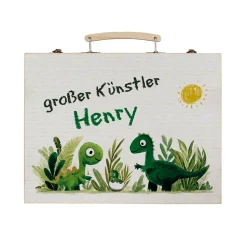 Malkoffer aus Holz personalisiert mit Name und Wunschtext für Kinder | Dinosaurier-Motiv