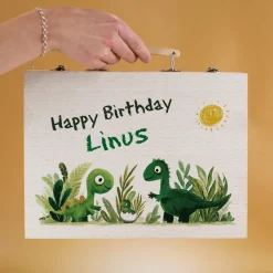 Malkoffer aus Holz personalisiert mit Name und Wunschtext für Kinder | Dinosaurier-Motiv