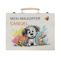 Malkoffer aus Holz personalisiert mit Name und Wunschtext für Kinder | Hund, Hase & Katze Motiv
