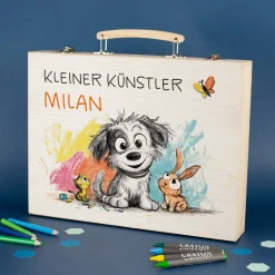 Malkoffer aus Holz personalisiert mit Name und Wunschtext für Kinder | Hund, Hase & Katze Motiv
