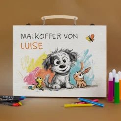 Malkoffer aus Holz personalisiert mit Name und Wunschtext für Kinder | Hund, Hase & Katze Motiv