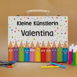 Malkoffer mit Name & Wunschtext - Stifte Motiv | Geschenk zur Einschulung & Geburtstag für Kinder