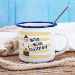 Maritime Metalltasse - Moin Moin - mit Wunschname und Möwen-Motiv