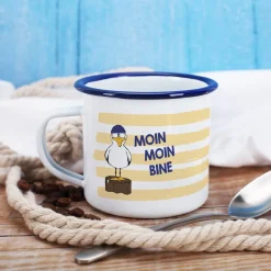 Maritime Metalltasse - Moin Moin - mit Wunschname und Möwen-Motiv