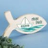 Maritimer Holzfisch zur Taufe mit Segelschiffchen und Ihrem Wunschnamen